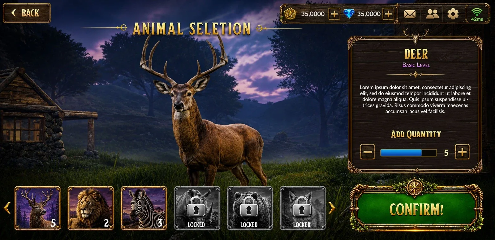 Royal Hunter WildQuest animal selection development screen