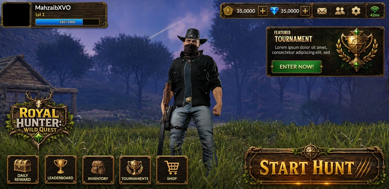 Royal Hunter: WildQuest development home screen